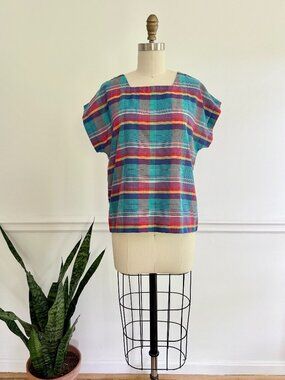Vintage Boxy Cap Sleeve Plaid Top | S-M